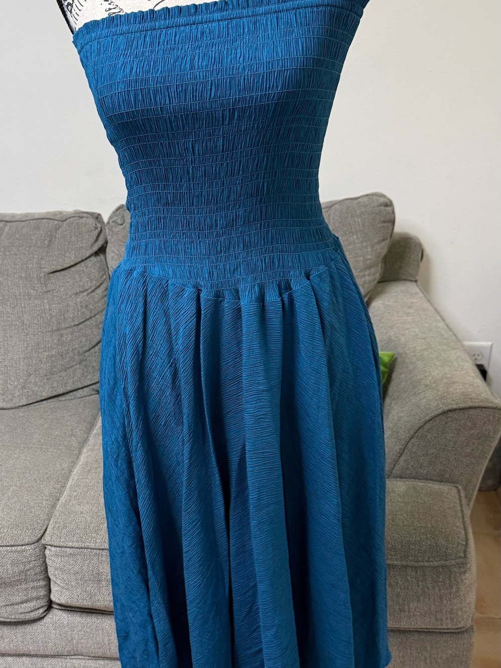 Strapless Smocked Bodice Midi Dress in Teal Blue